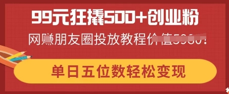 99元狂撬500+创业粉，单日五位数轻松变现，网创朋友圈投放教程-默默网创