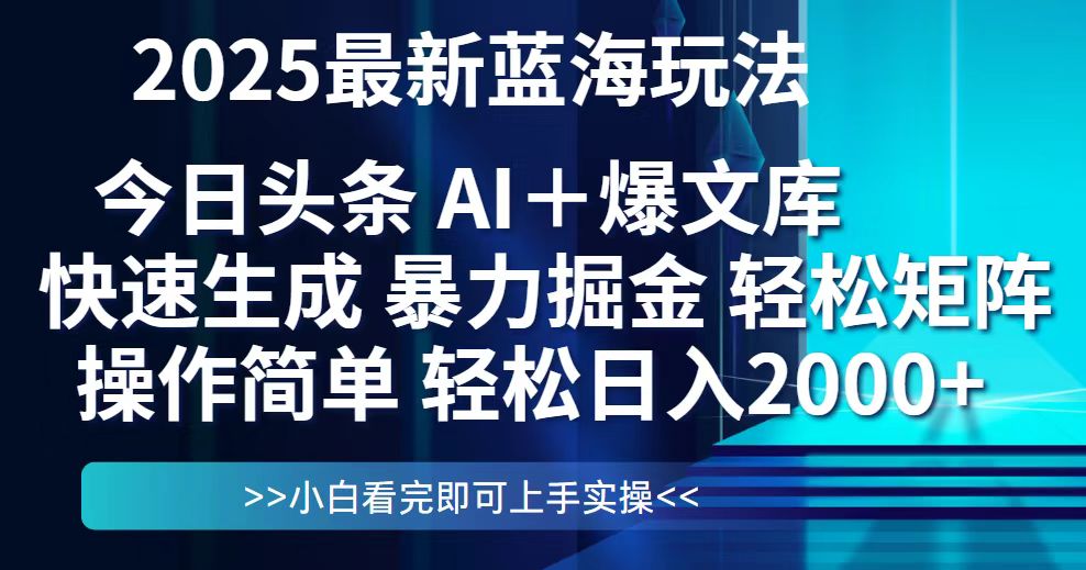 （14805期）今日头条2025最新蓝海玩法，思路简单，复制粘贴，轻松实现矩阵日入2000+-默默网创
