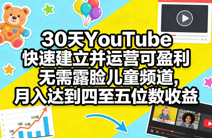 30天YouTube快速建立并运营可盈利无需露脸儿童频道，月入达到四至五位数收益-默默网创