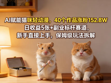 AI赋能猫咪轻动漫，40个作品涨粉152.8W，日收益5张+副业标杆赛道，新手直接上手，保姆级玩法拆解-默默网创