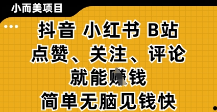 小而美的项目，抖音小红书B站视频点赞、关注、评论就能挣钱，简单无脑立见收益，妥妥的零撸项目【揭秘】-默默网创