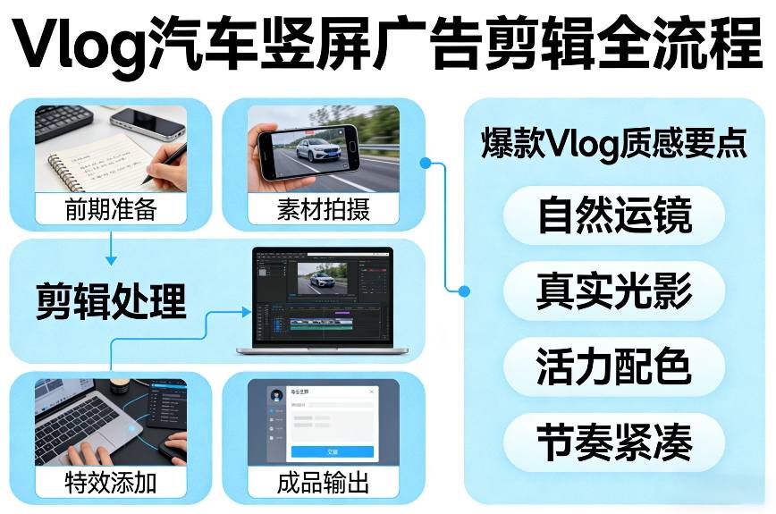 Vlog感觉汽车竖屏广告剪辑脚本全流程，拿捏爆款Vlog质感-默默网创