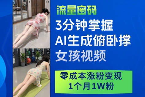 3分钟掌握AI生成俯卧撑女孩视频，零成本涨粉变现，1个月1W粉-默默网创