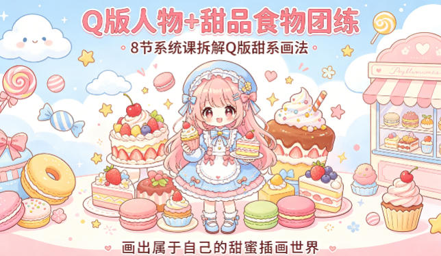 Q版人物+甜品食物团练，8节系统课拆解Q版甜系画法，画出属于自己的甜蜜插画世界-默默网创