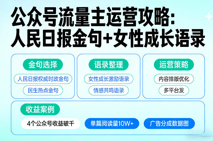 利用人民日报金句+女性成长语录做公众号流量主,4个公众号收益破千-默默网创