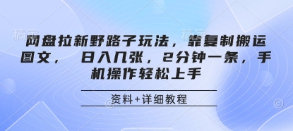 网盘拉新野路子玩法，靠复制搬运图文， 日入几张，2分钟一条，手机操作轻松上手-默默网创