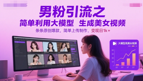 男粉引流之简单利用大模型生成美女视频,条条原创爆款,简单上传制作,变现日1k+-默默网创