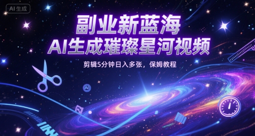 副业新蓝海，AI生成璀璨星河视频，剪辑5分钟日入多张，保姆教程-默默网创