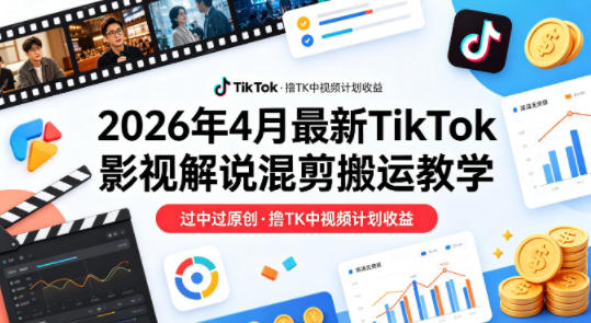 26年4月最新TikTok影视解说混剪搬运教学，过中过原创，撸TK中视频计划收益-默默网创