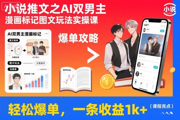小说推文之AI双男主漫画标记图文玩法实操课，轻松爆单，一条收益1k+-默默网创