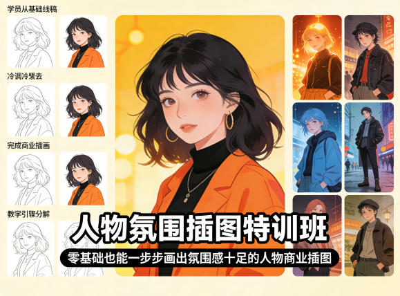 人物氛围插图特训班，零基础也能一步步画出氛围感十足的人物商业插图-默默网创