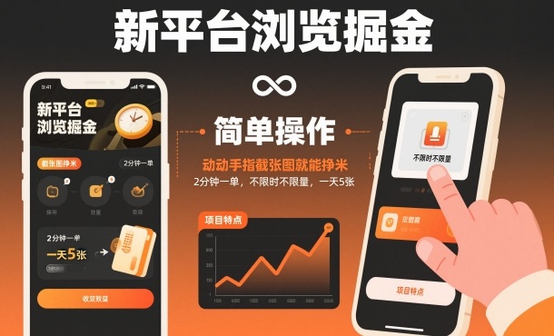 新平台浏览掘金，动动手指截张图就能挣米，2分钟一单，不限时不限量，一天5张【揭秘】-默默网创