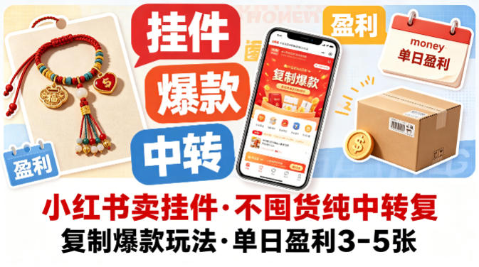小红书卖挂件，不囤货纯中转复制爆款玩法，单日盈利3-5张-默默网创