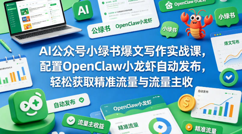 AI公众号小绿书爆文写作实战课，配置OpenClaw小龙虾自动发布，轻松获取精准流量与流量主收益-默默网创