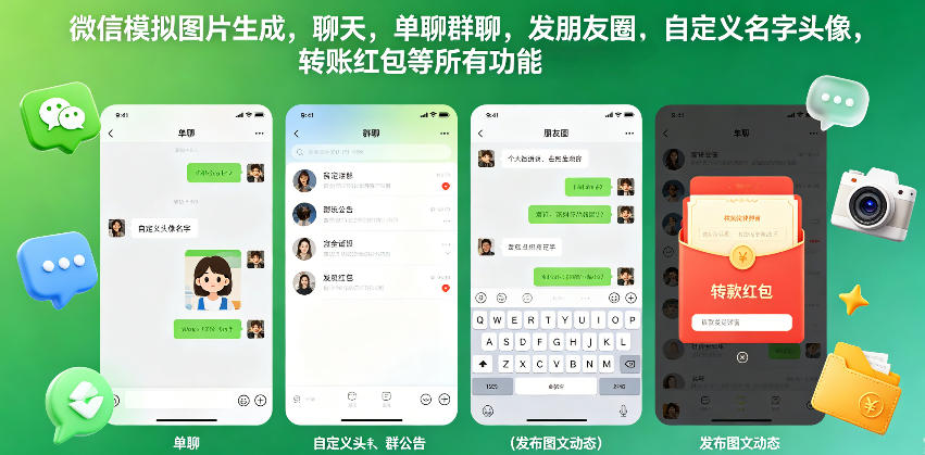 微信模拟图片生成，聊天，单聊群聊，发朋友圈，自定义名字头像，转账红包等所有功能都可以生成-默默网创