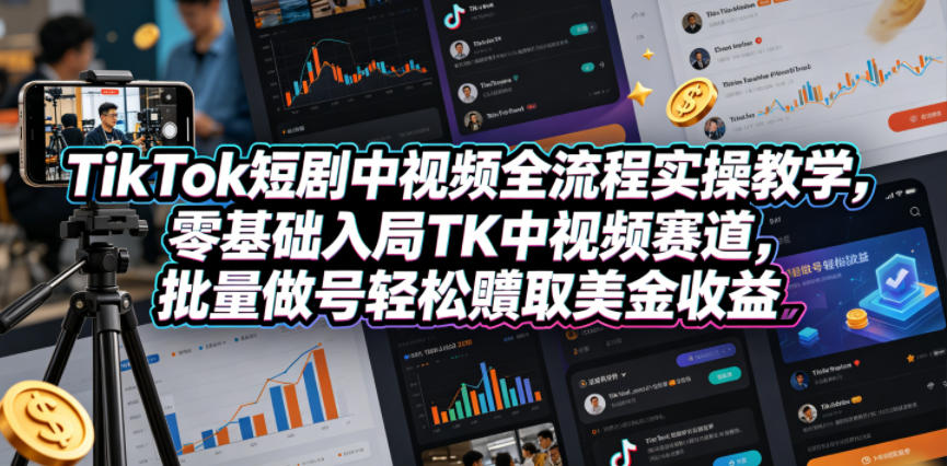 TikTok短剧中视频全流程实操教学，零基础入局TK中视频赛道，批量做号轻松賺取美金收益-默默网创