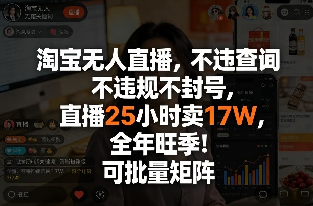 淘宝无人直播，不违规不封号，直播25小时卖17W，全年旺季！可批量矩阵【揭秘】-默默网创