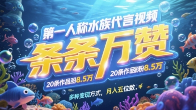 第一人称水族代言视频，条条万赞，20条作品涨粉7.8W，多种变现方式月入五位数-默默网创