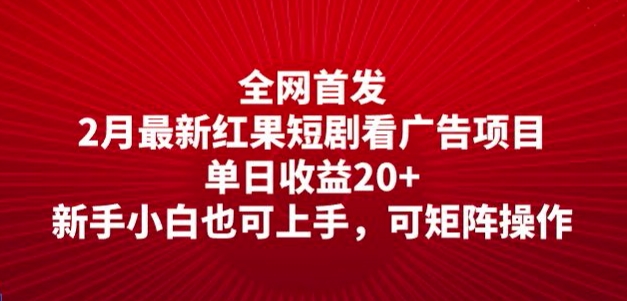 全网首发，2月最新红果短剧看广告项目，单日收益20+，新手小白也可上手，可矩阵操作-默默网创
