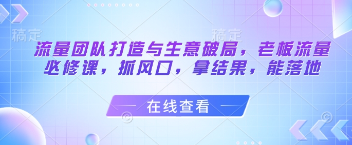 流量团队打造与生意破局，老板流量必修课，抓风口，拿结果，能落地-默默网创