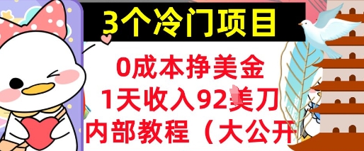 3个冷门项目，0成本挣美金，1天收入92刀，超简单， 内部教程(首次公开)-默默网创