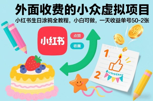 外面收费的小众虚拟项目，小红书生日涂鸦全教程，小白可做，一天收益单号50-2张-默默网创