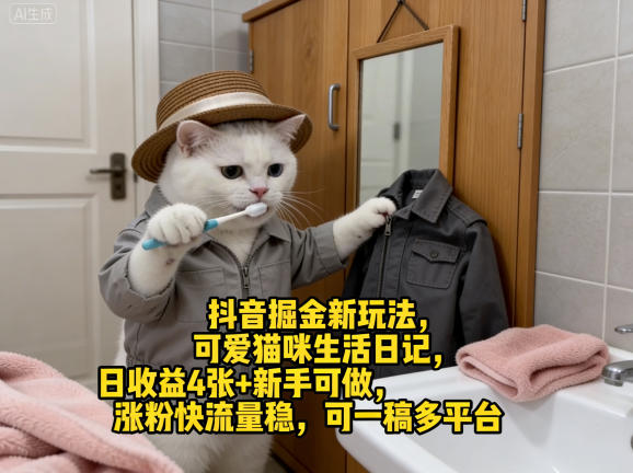 抖音掘金新玩法，可爱猫咪生活日记，日收益4张+新手可做，涨粉快流量稳，可一稿多平台-默默网创
