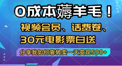 0成本薅羊毛!视频会员、话费卷、30元电影票白送，分享我如何靠转卖一天变现5张+【揭秘】-默默网创