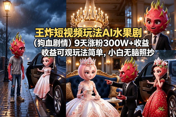 王炸短视频玩法AI水果剧（狗血剧情）9天涨粉300W+收益可观玩法简单，小白无脑照抄，详细拆解玩法-默默网创