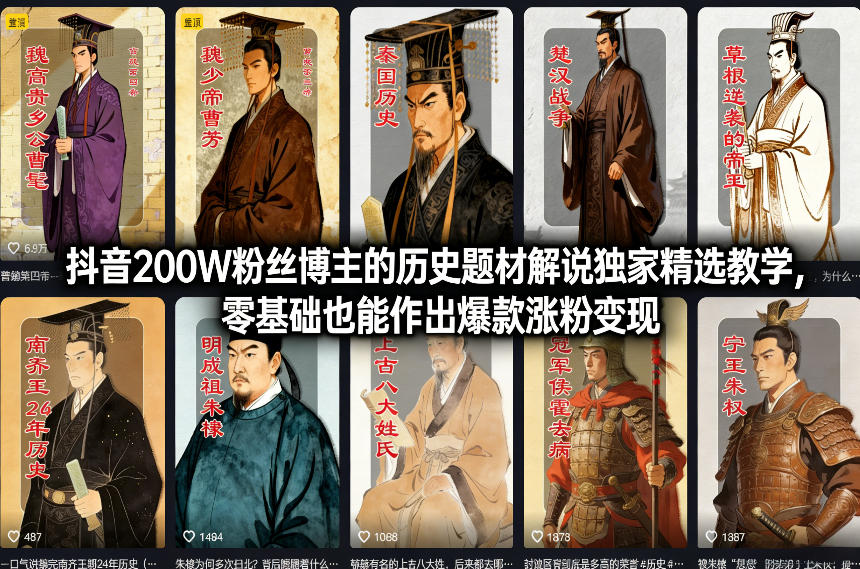 抖音200W粉丝博主的历史题材解说独家精选教学，零基础也能作出爆款涨粉变现-默默网创