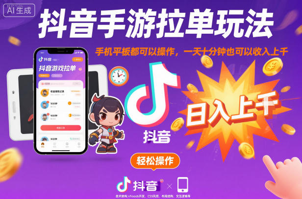 抖音手游拉单玩法，手机平板都可以操作，一天十分钟也可以收入上K【揭秘】-默默网创