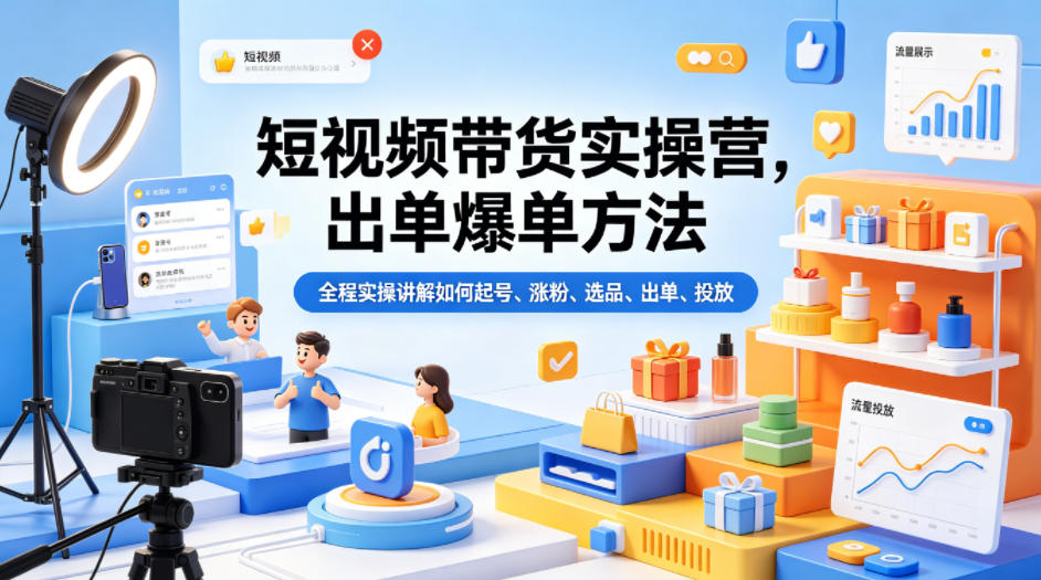 短视频带货实操营，出单爆单方法，全程实操讲解如何起号、涨粉、选品、出单、投放-默默网创