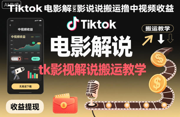 Tiktok电影解说搬运撸中视频收益，tk影视解说搬运教学-默默网创