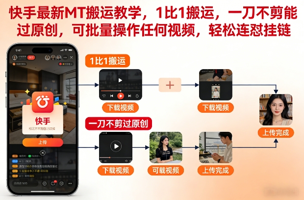 快手最新MT搬运教学，1比1搬运，一刀不剪能过原创，可批量操作任何视频，轻松连怼挂链-默默网创