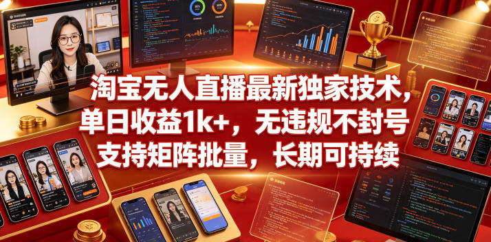 淘宝无人直播最新独家技术，单日收益1k+，无违规不封号，支持矩阵批量，长期可持续【揭秘】-默默网创