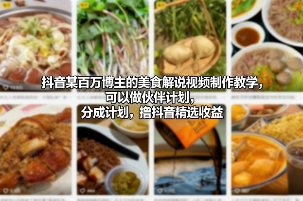 抖音某百万博主的美食解说视频制作教学，可以做伙伴计划，分成计划，撸抖音精选收益-默默网创