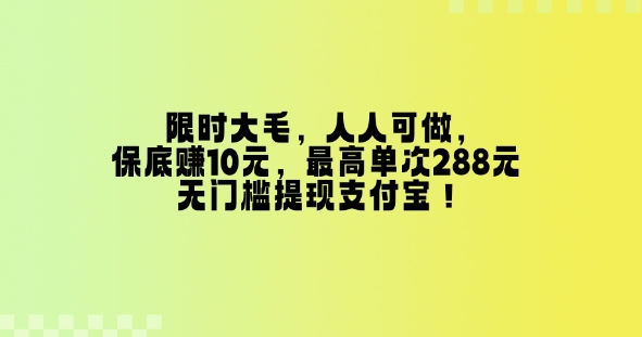 限时大毛，人人可做，保底挣10元，最高单次288元，无门槛提现支付宝！-默默网创