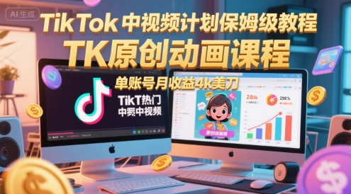 TikTok中视频计划保姆级教程，TK原创动画课程，单账号月收益4k美刀-默默网创