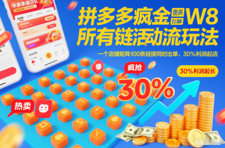 拼多多疯狂活动流玩法，所有链接全部打标，一个店铺矩阵100条链接同时出单，30%利润起店-默默网创