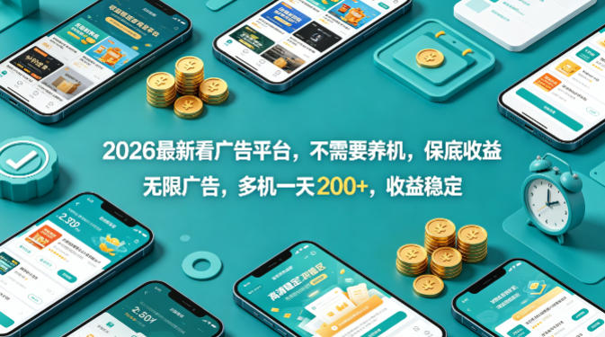 2026最新看广告平台，不需要养机，保底收益，无限广告，多机一天200+，收益稳定【揭秘】-默默网创