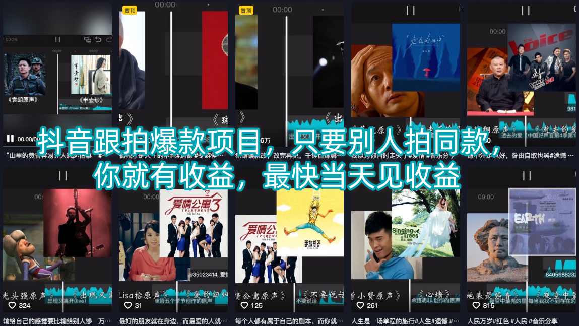 抖音跟拍爆款项目，只要别人拍同款，你就有收益，最快当天见收益-默默网创