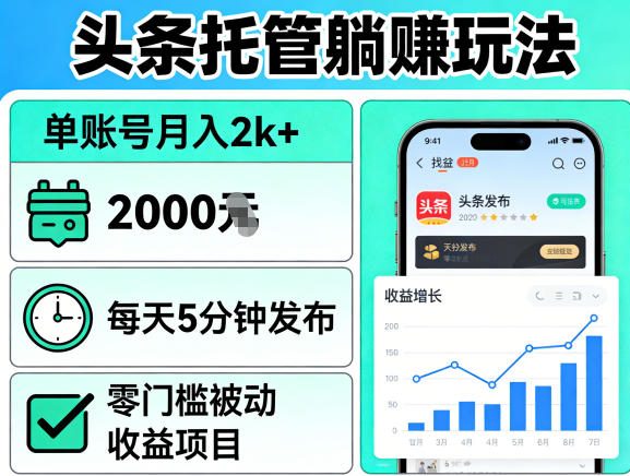 头条托管躺賺玩法，单账号月入2k+，每天5分钟发布即可，零门槛被动收益项目【揭秘】-默默网创