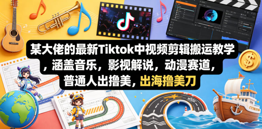 某大佬的最新Tiktok中视频剪辑搬运教学，涵盖音乐，影视解说，动漫赛道，普通人出海撸美刀-默默网创