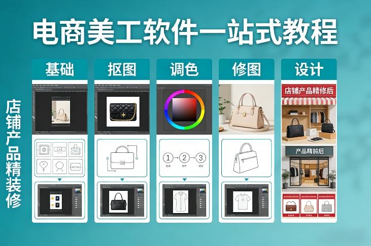 电商美工软件一站式教程，基础/抠图/调色/修图/设计，店铺产品精装修-默默网创