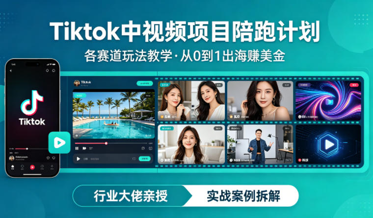 某大佬的Tiktok中视频项目陪跑，涵盖TK各个赛道玩法教学，从0到1出海賺美金-默默网创