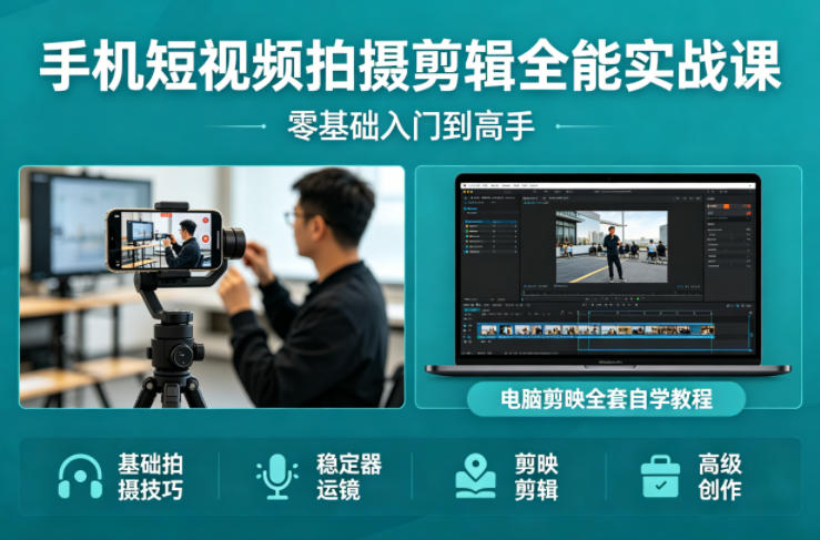 手机短视频拍摄剪辑全能实战课：零基础入门到高手，稳定器运镜+电脑剪映全套自学教程-默默网创
