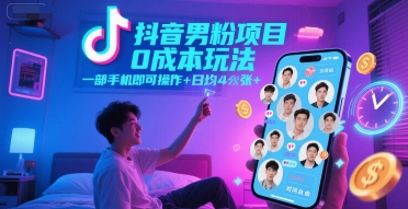 抖音男粉项目0成本玩法，一部手机即可操作，日均4张+，时间自由-默默网创