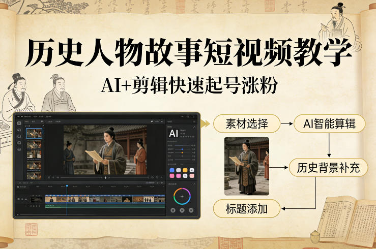 历史人物故事短视频教学，AI+剪辑制作历史人物题材短视频，快速起号涨粉-默默网创