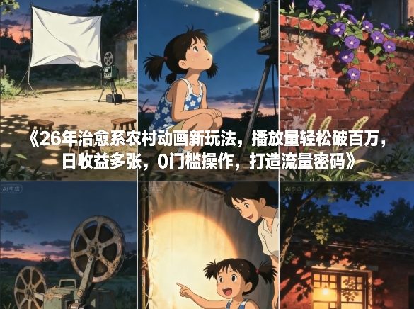 26年治愈系农村动画新玩法，播放量轻松破百万，日收益多张，0门槛操作，打造流量密码-默默网创