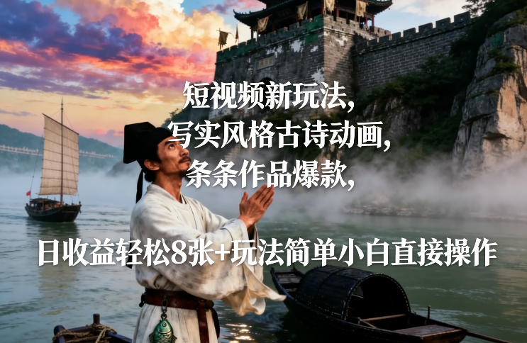 短视频新玩法，写实风格古诗动画，条条作品爆款，日收益轻松8张+玩法简单小白直接操作-默默网创